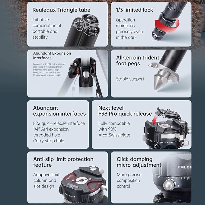 Falcam TreeRoot 61" F38 Pro Quick Lock Travel Tripod,with 360 Degree Damping Ball Head Load Capacity 5kg/11lbs,Carbon Fiber Tripod with F22 Interfaces, 1/4" Screw,Carry Strap Holes for Cameras