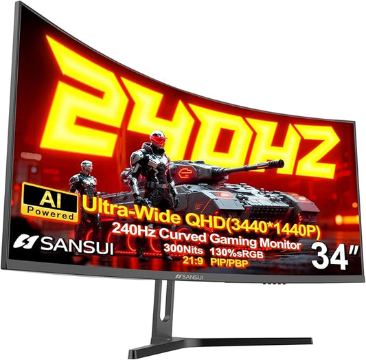 SANSUI 34 Inch 240Hz Curved Ultrawide UWQHD 3440x1440 Gaming Monitor, 21:9 2K Curved Monitor 1500R,Fast VA, PIP/PBP,AI Crosshair,AIPQ(Visual Enhance),MPRT 1ms,HDR,HDMI2.1 * 2,DP1.4 * 2(DP Cable Incl.)