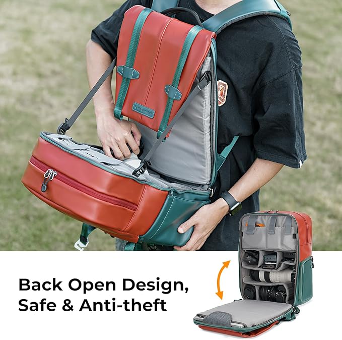 K&F Concept 20L Camera Case for Photographers Large Capacity PU Leather Camera Bags with Raincover, 15.6 Inch Laptop Compartment for Camera Drone Bags