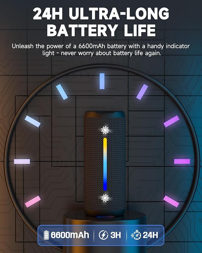 Bluetooth Speakers Wireless Loud Stereo Sound IPX7 Waterproof Outdoor Portable 25W Super Bass Speaker for Home Party Beach with 24H Playtime Colorful Lights BT5.3 TWS Pairing Birthday Gift Black