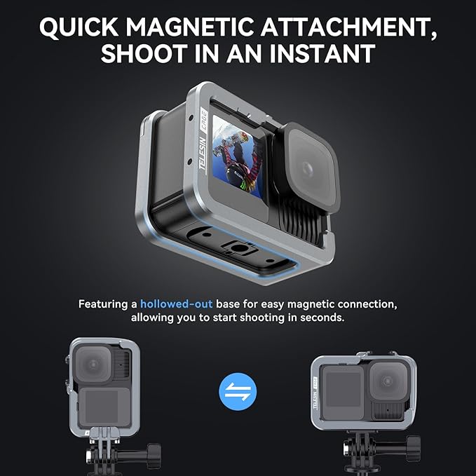 TELESIN Aluminum Case Metal Camera Cage for Go Pro 13 12 11 10 9, Protective Frame Housing with ND/CPL Lens Filter Compatibility, Protective Cage with 2 Cold Shoe Mount for Camera Accessories