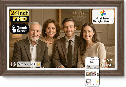 NexFoto Large Digital Picture Frame 24 Inch Touchscreen, FHD WiFi Electronic Photo Frame 64GB, Add Photos from Google Photos, Upload Videos via App/USB/Micro SD, Gifts for Housewarming/Mom, Walnut