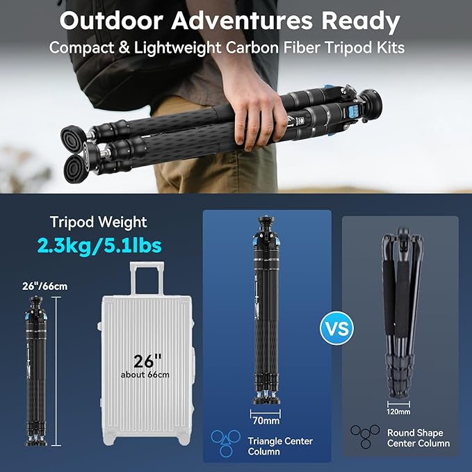 SIRUI SVS60 Carbon Fiber Travel Tripod, 64.6" Compact Camera Tripod, Rapid One-Step Height Adjustment, Modular Design Convertible to Monopod, Max Load 8kg/17.6lbs
