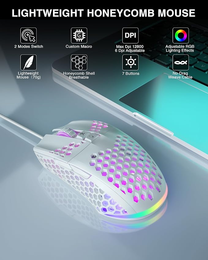 SM900 White Wired Gaming Mouse with Honeycomb Shell,12800 DPI,7 Programmable Buttons,Lightweight Gaming Mice Ergonomic Computer Wired Mouse Gaming for Win/PC/Mac/Laptop Gamer