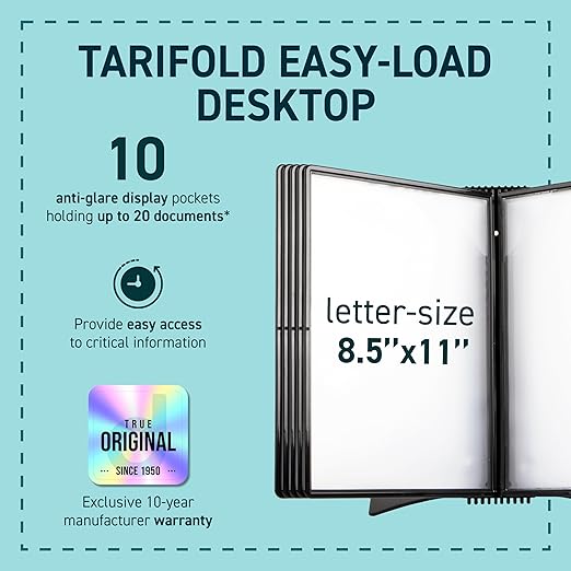 Tarifold DJOIS Desktop Reference & Display System - Durable Metal Base & Polypropylene - Letter-Size - 10 Double-Sided Pockets - 20 Sheet Capacity - Easy-Load - Made in France - Black