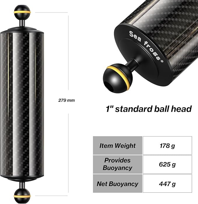 Sea frogs D60mm, 10'', Carbon Fiber Float Arm for Ultralight, Aquatic Arm, Buoyancy Provided 410g, Underwater Camera System Diving Tray Video Light/Strobe GA-7