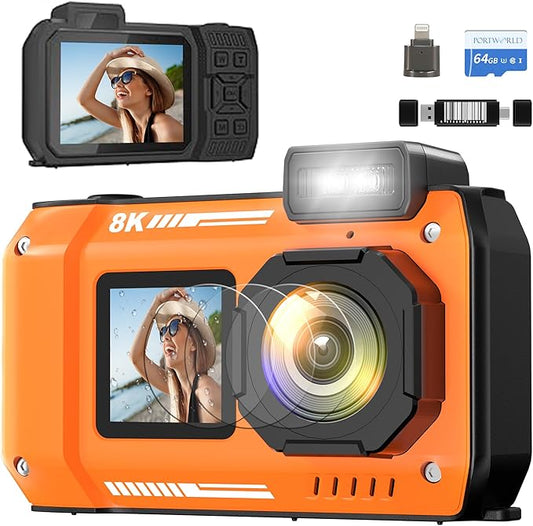 8K Waterproof Digital Camera Snorkeling: 70MP 33FT Compact Rugged Underwater Camera - HD Dual-Screen with 18X Zoom Selfie 64GB Card & 2500 mAh Battery for Outdoor Scuba Diving Fishing Swimming Orange