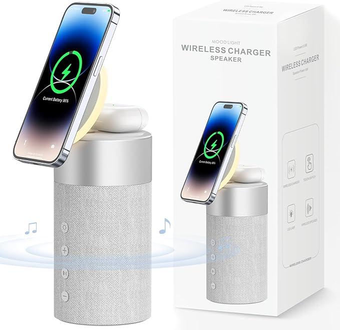 COLSUR Bluetooth Speaker with Night Light - 3 in 1 Magnetic Wireless Charger for iPhone 16/15/14/13/12 Series, AirPods Pro/3/2，Gifts for Men& Women