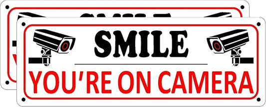 Bagstar (2 Pack) Heavy-duty Metal Smile You're on Camera Sign, 10" x 3.5" Aluminum Video Surveillance Sign, Camera Warning for Home Security, House, Business, Yard, Outdoor