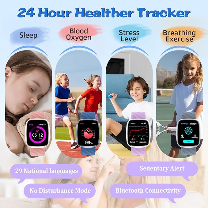 Smart Watch for Kids Fitness Activity Tracker for Boys Girls, Waterproof, Puzzle Games, Alarm Music, Sport Mode, Heart Rate, Sleep, Pedometer, Children Smartwatch Birthday Gift for Teens, Silver