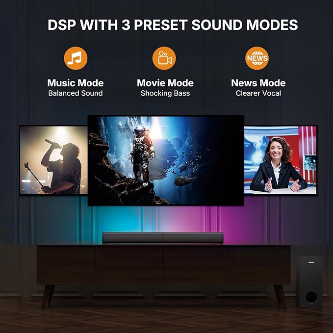 Wohome 2.1 Sound Bar for Smart TV with 5 Inches Wired Subwoofer, 140W, 2 in 1 Detachable Soundbar with RGB-IC Backlight, Bluetooth 5.3, Optical, AUX, USB Input, Bass Adjustable, Remote/Button Control