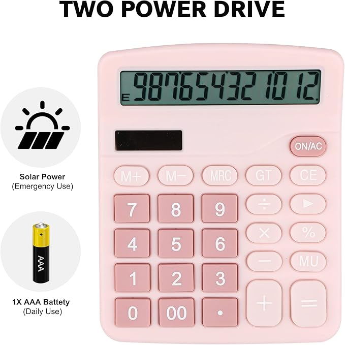 Desk Calculator, Envysun 12-Digit LCD Display Office Calculator – Dual Power, Compact and Lightweight, Easy-to-Read Display, Durable for Business, School, and Home (Pink)