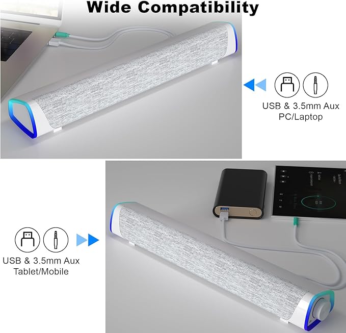 SOULION R30 Computer Speakers, USB Powered 3.5mm AUX Small PC Speakers, Colorful LED Lights with Switch Button, Surround Sound Portable Computer Sound Bar Speaker for Desktop Laptop White