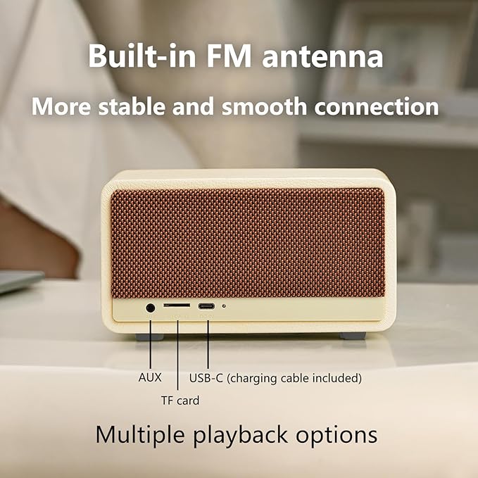 Portable FM Radio Bluetooth Speaker, 2600mAh Rechargeable, PU Leather, SD Card Support for Kitchen Living Room with Rotary Knob