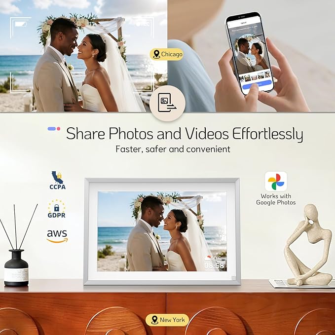 NexFoto Touchscreen Digital Picture Frame 10.1 Inch 64GB, WiFi Digital Photo Frame, Unboxing Gift Mode, Add Photos from Google Photos, Upload Videos Easily, Gifts for Newlyweds, Wedding, Silver