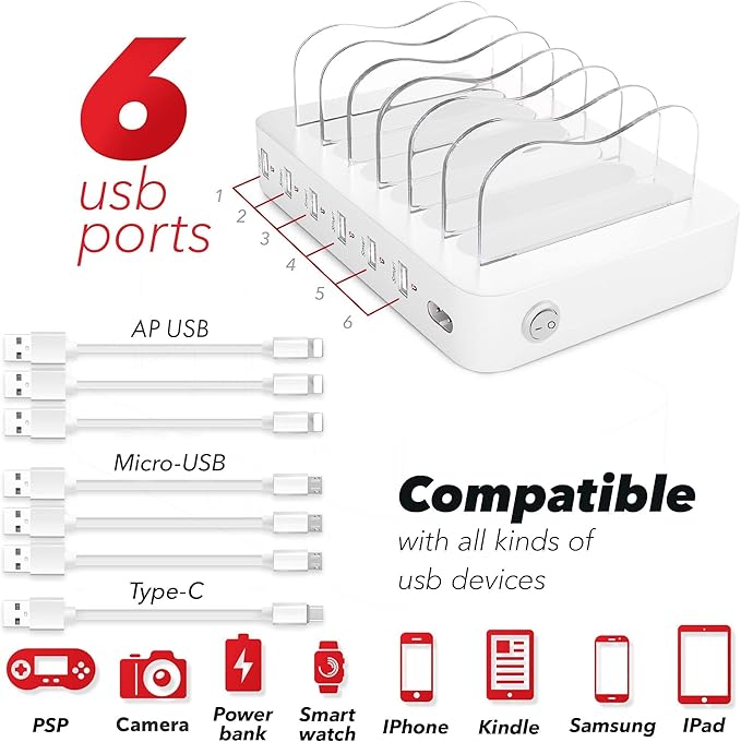USB Charging Dock - 6-Port - Fast Charging Station for Multiple Devices Apple - Multi Device Charger Station - Compatible with Apple iPad iPhone and Android Cell Phone and Tablet