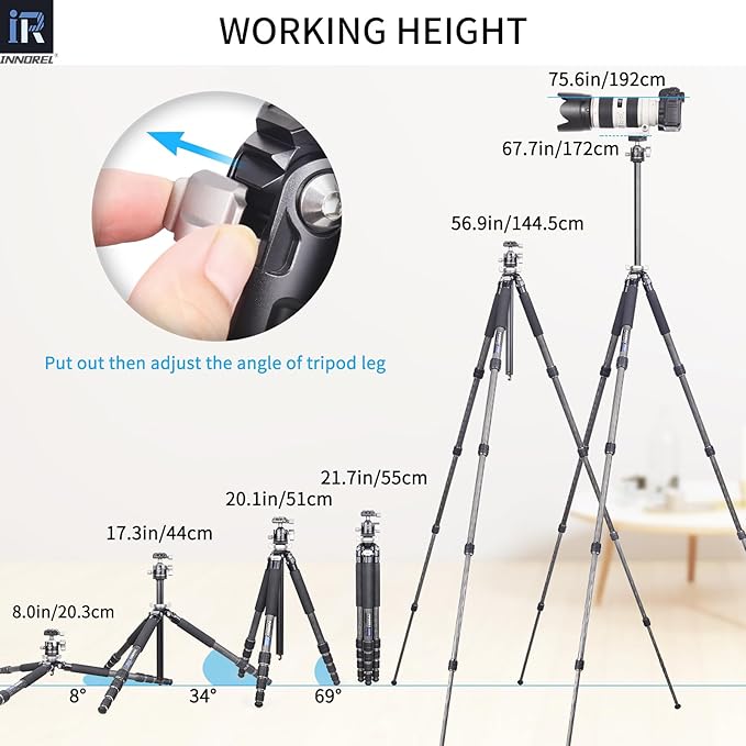 Carbon Fiber Tripod-INNOREL GT255C Professional Camera Compact Tripod Stand for Travel Outdoor Digital DSLR with Low Gravity Center Ballhead Special-Shaped Center Column Max Height 67.7in/172cm