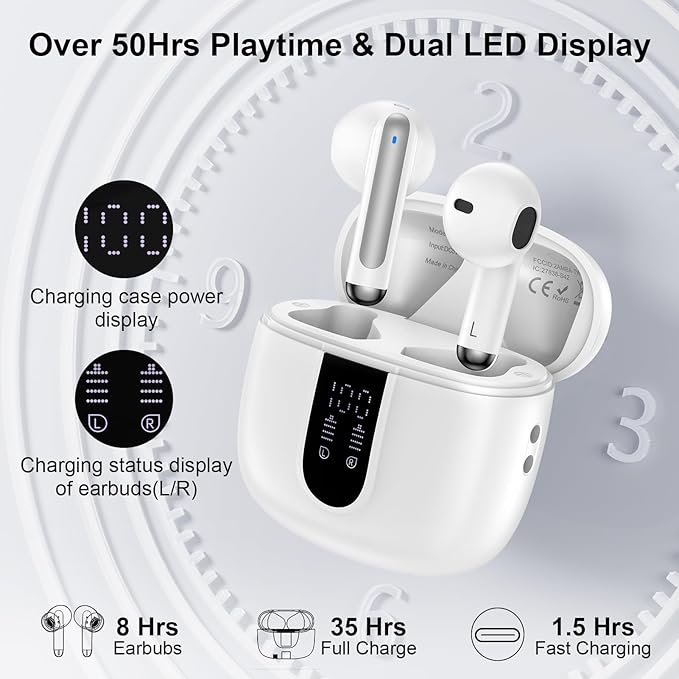 Wireless Headphone,Bluetooth 5.3 Earbuds for Samsung Galaxy A17 A16 A15 A56 A36 S25 Ultra S24 S23 S22 S20 60H Playback with Dual LED Display HiFi Stereo Wireless Earphone for iPhone 16e 16 15 Pro Max