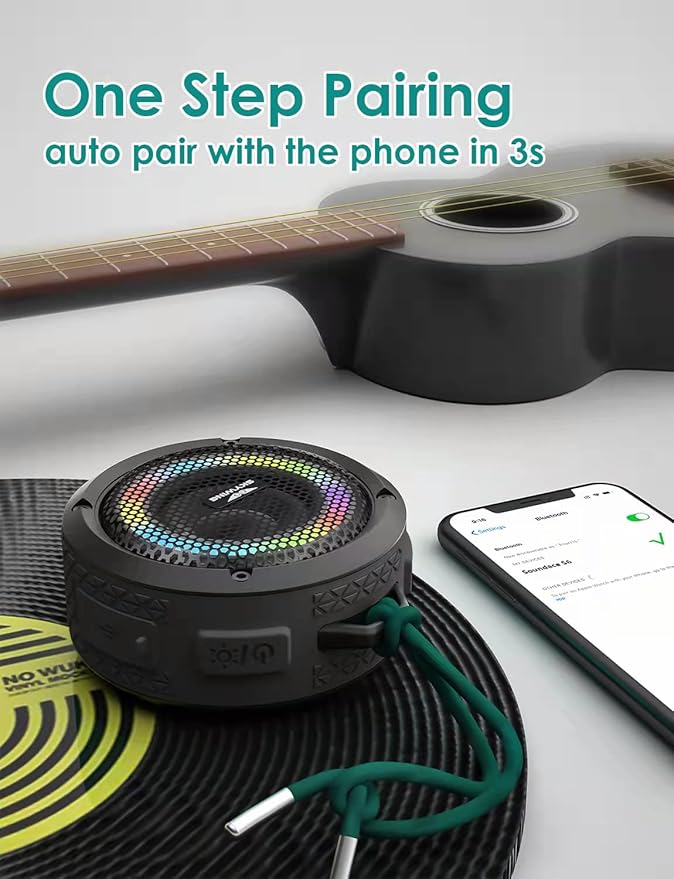 Bluetooth Shower Speaker, Soundace S6 IPX7 Waterproof Portable Speaker with Suction Cup Hook Lanyard TWS RGB Lights,Wireless Mini for Bike,Boating,Hiking Outdoor(Black)