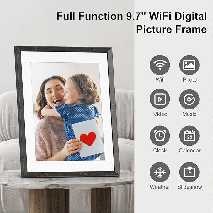 WiFi Digital Photo Frame Smart Digital Picture Frame - 9.7 inch Touch Screen, 32GB, FHD 1080P Video Playback, Auto-Rotate, Motion Sensor, Free Cloud, Share Photo via App Email, Gift for Family Friends