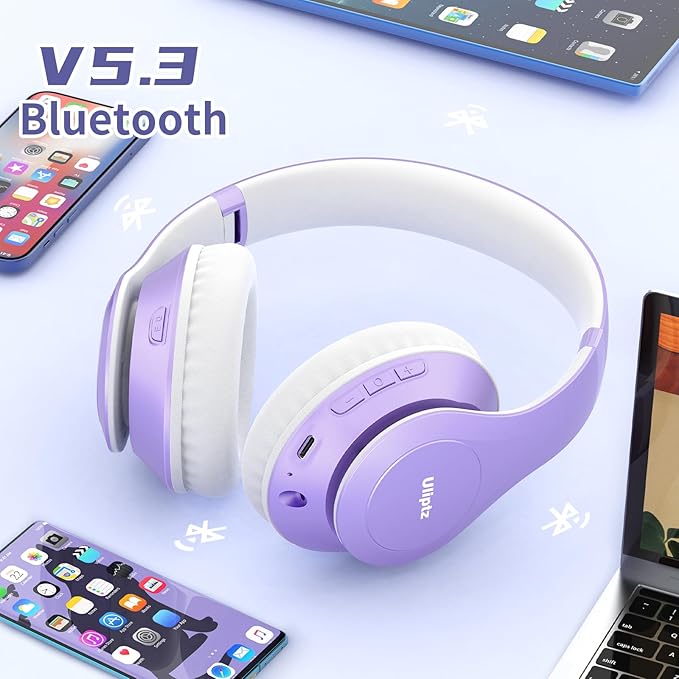 Uliptz Wireless Bluetooth Headphones, 65H Playtime, 6EQ Sound Modes, HiFi Stereo Over Ear Headphones with Microphone, Foldable Bluetooth 5.3 Headphone for Travel/Office/Cellphone/PC (Purple)