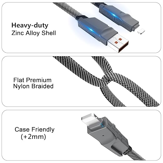 4-in-1 USB C Cable for Lightning Cable [60W Fast Charging], 2Pack (3FT+6FT) Flat Braided USB C to USB C Charger Cord with L/Type C/USB A Multi Ports for iPhone/Samsung Galaxy/i-Pad/Mac Book