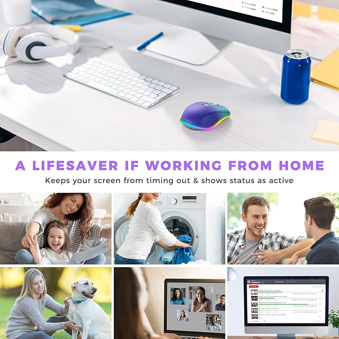 Wireless Mouse Jiggler - LED Wireless Mice with Build-in Mouse Jiggler Mover, Rechargeable Moving Mouse for Computer with Undetectable Random Movement Keeps Computer Awake - Gradient Purple