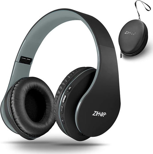 ZIHNIC Bluetooth Headphones Over-Ear, Foldable Wireless and Wired Stereo Headset Micro SD/TF, FM for Cell Phone,PC,Soft Earmuffs &Light Weight for Prolonged Wearing(Black/Gray)