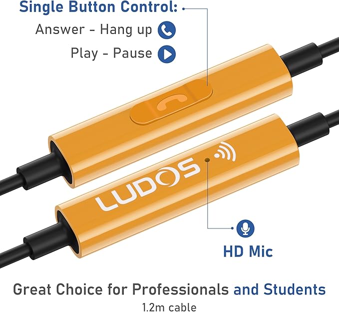 LUDOS OMNITONE Wired Earbuds in-Ear Headphones, 5 Year Warranty, Earphones with Microphone, 3.5 mm Jack Corded Ear Buds, Videoconference for iPhone, Samsung, Laptop, Kids, School Students - Gold
