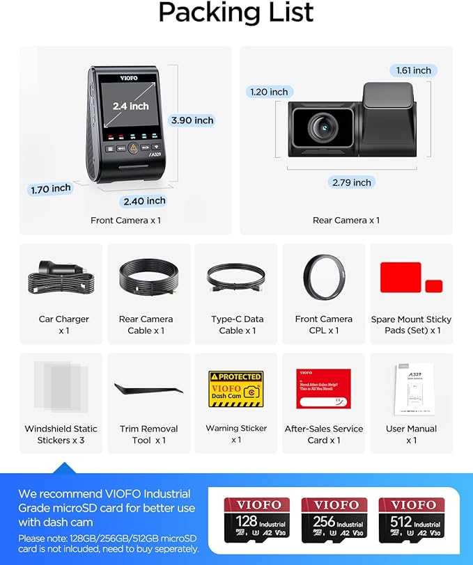 VIOFO A329S 4K 60FPS Dash Cam Front and Rear, 4K+2K Dual Dash Camera for Cars, Power Saving Parking Mode, Wi-Fi 6 App Control, Dual STARVIS 2 Sensors, Supports up to 4TB SSD or 512GB microSD Card