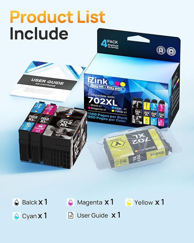 E-Z Ink 702XL Ink Cartridges High Yield Remanufactured for Epson 702 XL 702XL T702XL T702 to use with Epson Workforce Pro WF-3720 WF-3730 WF-3733 (1 Black, 1 Cyan, 1 Magenta, 1 Yellow, 4 Pack)