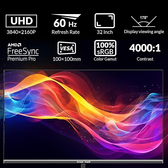 32" 4K UHD Computer Monitor – 3840×2160p, 100% sRGB, 178° Viewing Angle, HDMI & DisplayPort, VESA 100x100mm, Black