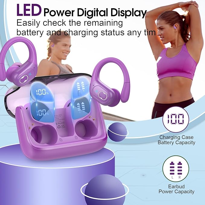 Wireless Earbuds 75hrs Bluetooth 5.4 Headphone Sport, 2025 Bluetooth Earbuds Stereo Deep Bass Over Ear Bud with Earhooks, ENC Noise Cancelling Mic, IPX7 Waterproof Earphone, Purple