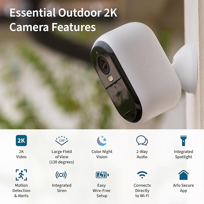 Arlo Essential Security Camera 2K | Indoor - Outdoor | 2nd Gen | Wireless with Spotlight, 2-Way Audio, Color Night Vision, Live Stream, Motion Activation, Real Time Notifications - White, 5 Cameras