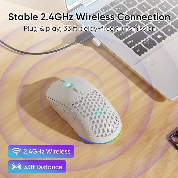Honeycomb M32 Wireless Gaming Mouse - 2.4GHz RGB Rechargeable Ergo Mouse with Silent Clicks & 3200 DPI for PC/Mac -White