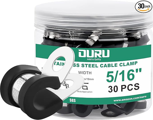 30pcs 5/16 Inch Stainless Steel Cable Clamps,Rubber Coated Cushioned Insulated Cable Clamp,Automotive Cable Wire Clamps,Pipe Clamps,Metal Clamp for Tube,Lines,Wire Cord Installation(Black,8mm)
