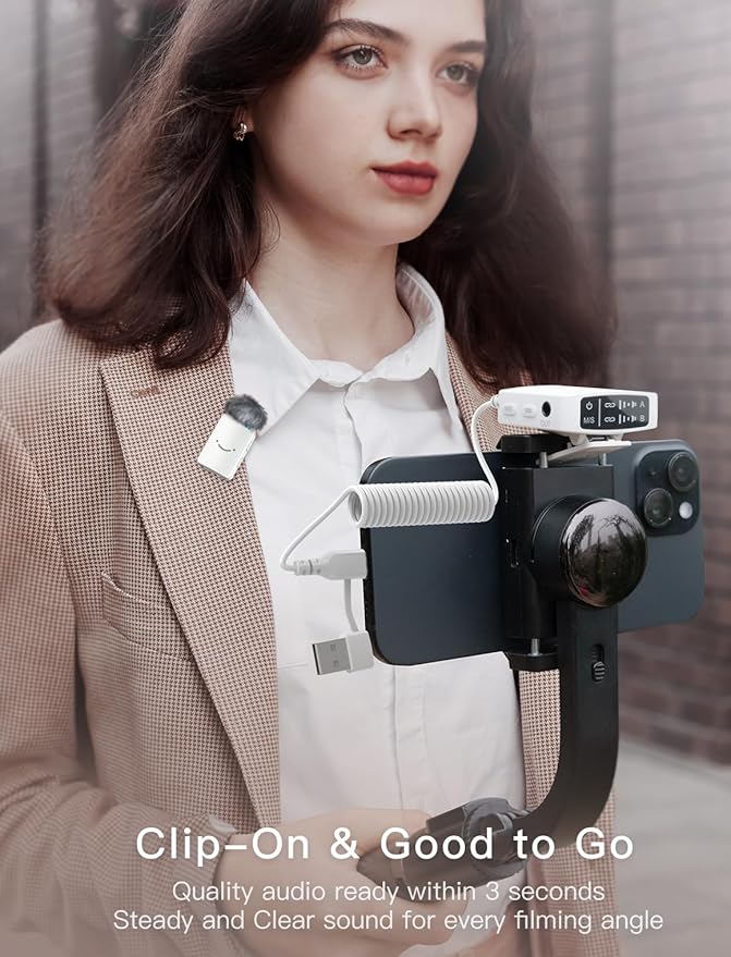 FIFINE Wireless Lavalier Microphone System, Lapel Dual Microphones Clip-on for Video Recording, Vlog, Interview, Podcast Mic Kit Compatible for iPhone, Camera, Smartphone, 30H Battery Life-M9 White