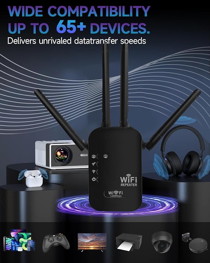 1200Mbps WiFi Extender Signal Booster,WiFi Extender Dual Band for Home，New Gen 6X Faster Internet Booster Extender, WiFi Repeater Coverage up to 10K sq.ft and 65 Devices(Black)