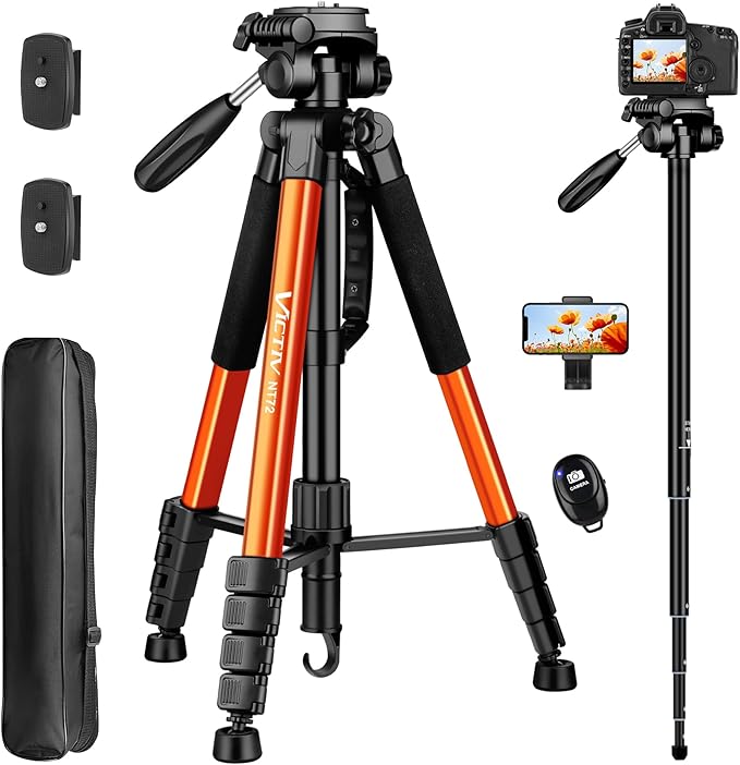 Tripod for Camera, 72" Tall Camera Tripod & Monopod with Remote, Professional Heavy Duty Compact Camera Stand for Phone, DSLR, Spotting Scope, Telescope, Binocular