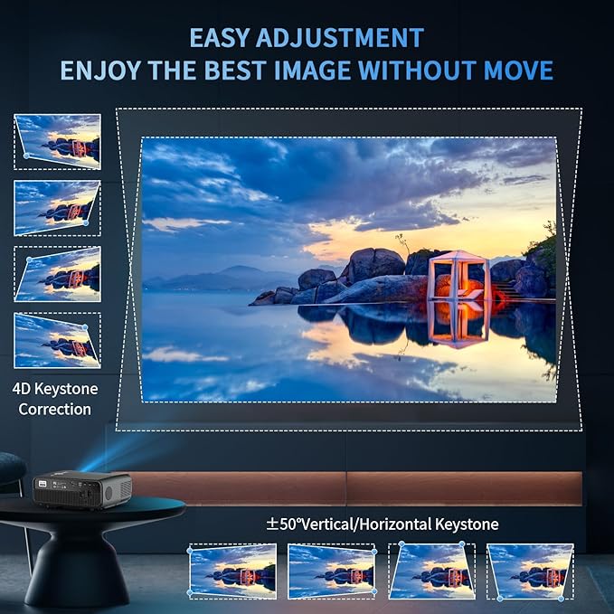 1250 ANSI Smart 4K Daytime Projector with WiFi Bluetooth 2 HDMI ARC Apps Auto Focus Zoom Ceiling Proyector Audio Out for Daylight Home Theater Laptop Phone PC TV Movie Gaming Presentation Living Room