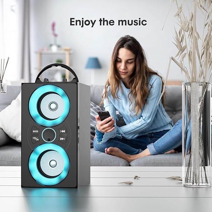 Portable Bluetooth Speaker with TWS, Lights, Remote Control and Phone Holder,Multiple Inputs for Music Playback,20W Wireless Subwoofer, TF Card Slot, USB Port, AUX Input, Type C Cable