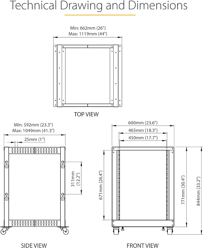 StarTech.com 4-Post 15U Mobile Open Frame Server Rack, 19in Network Rack with Wheels, Rolling Rack for Computer/AV/Data/IT Equipment - Casters, Leveling Feet or Floor Mounting (4POSTRACK15U)
