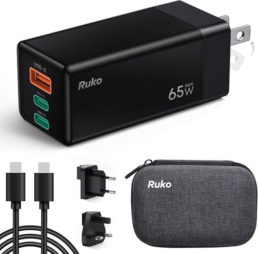 Ruko 65W USB C Charger, 3 Port International Travel Charger Kit, GaN Fast Charging Block with Portable Bag Cable UK EU Plug for iPhone 16/Pro, Galaxy S24, MacBook, iPad, Steam Deck, Drones