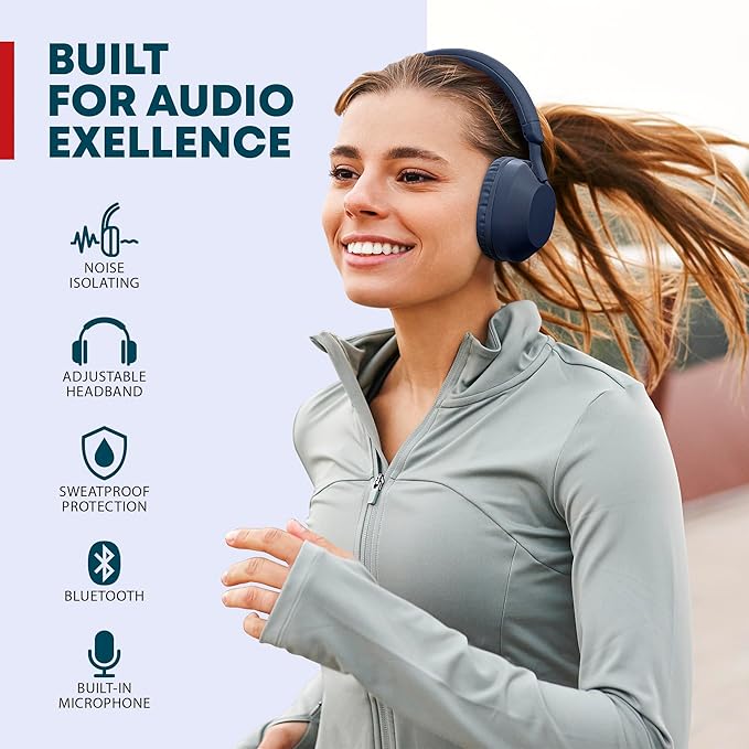 Gabba Goods Wireless Bluetooth Over-Ear Headphones – Deep Bass, 40mm Drivers, Built-in Mic, FM Radio, SD Card Playback, USB-C Fast Charging, 6H Playtime, Lightweight Comfort (Blue)