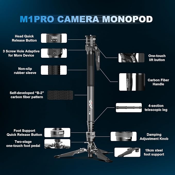 COMAN One-Click Lifting Carbon Fiber Monopod, M1 Pro Camera Monopod with Feet, 65'' Lightweight Travel Tripod with Quick Release Foot Lock for Camera, DSLR, Camcorder, Max Load 44lbs / 20kg