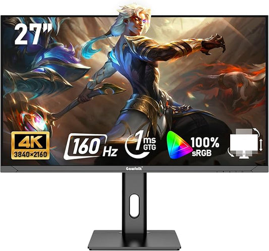 27 inch IPS PC Screen, 4K Gaming Monitor 160Hz, 1ms, FreeSync, 100% sRGB, 178° Wide Viewing Angle, HDMI 2.1, DisplayPort,Height-Adjustable and Swivel,75 * 75MM Wall Mount Compatible - Black