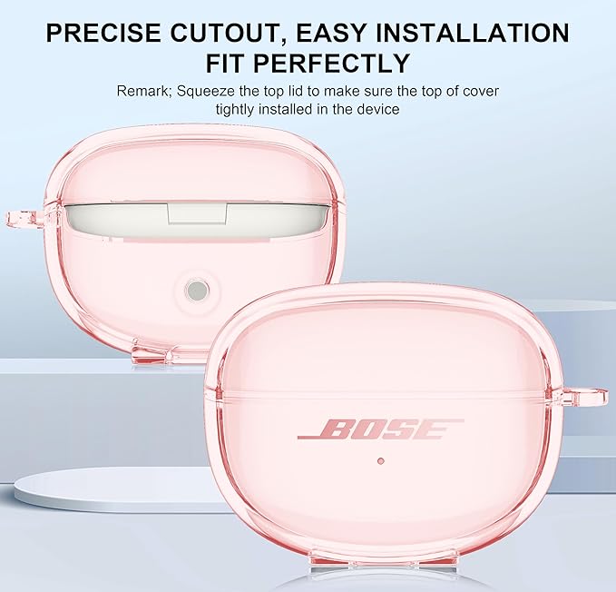 for Bose Ultra Open Earbuds Case Clear 2024,Full Protective Shockproof Soft Transparent TPU Cover for Bose Open Ear Wireless Earbud Headphone Accessories with Carabiner and Cleaning Pen-Pink