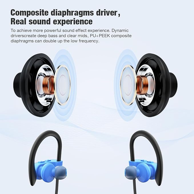 JOYWISE Bluetooth Headphones, Wireless Headphones 16H Playtime Wireless Earbuds with Mic Stereo in-Ear Earphones, IPX7 Waterproof Sports Headphones Sound Isolation Headsets for Running, Workout Blue