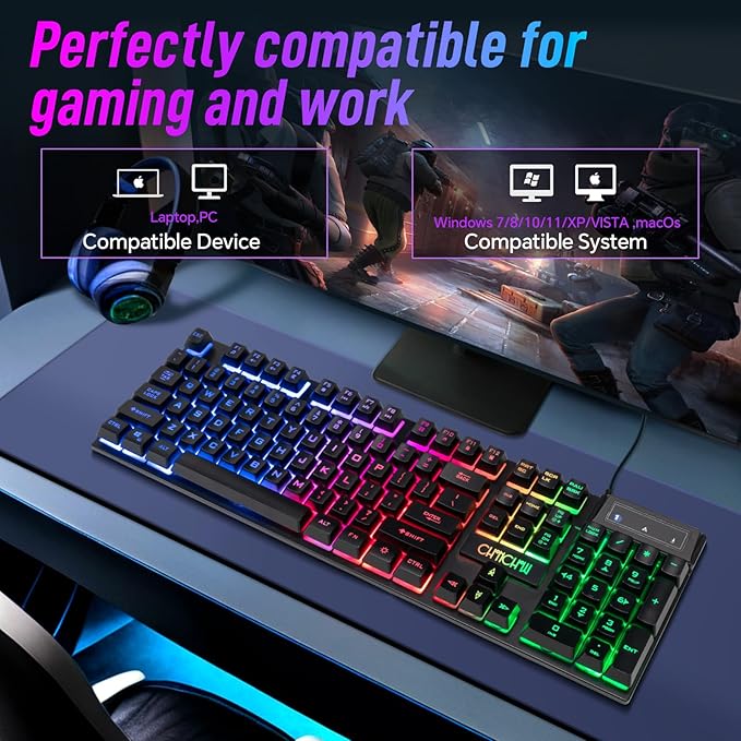 CHONCHOW Wired Gaming Keyboard, 104 Keys Full Size, with Anti-Ghosting and Multimedia Keys, LED Backlit Light Up Keyboard for PC Mac Laptop Desktop, Gaming or Office