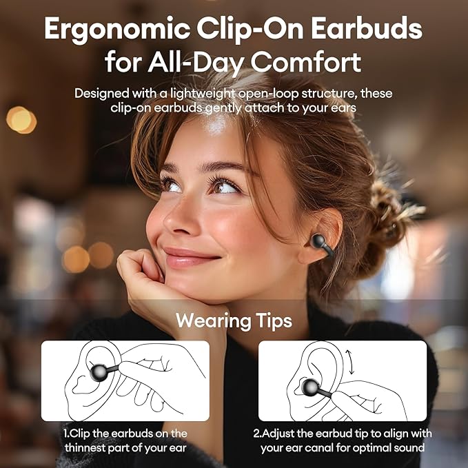 PAXA Clip On Earbuds, Clipbuds7 Open Ear Earbuds Wireless Bluetooth 5.4 with LED Display, Auto L-R Ear Recognition and Touch Control, Ultra-Light 4.5g Fit Comfort for Sports Fitness Daily Use, Black